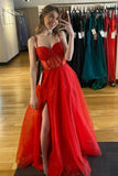 Straps Red Beaded Corset A-line Long Formal Dress with HZ0307