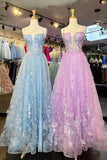 Straps Light Blue Appliques A-line Long Formal HZ0307