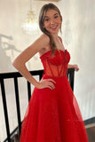 Straps Red Beaded Corset A-line Long Formal Dress with HZ0307