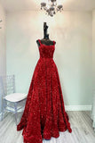 Red Sequin Square Neck A-line Prom HZ0307