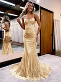 Spaghetti Straps Mermaid Sequins Long Evening Prom HZ0307