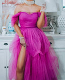 Off The Shoulder Hot Pink Tulle Split Prom Party HZ0307