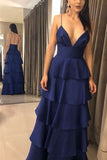 Straps V Neck Navy Blue Tiered Maxi HZ0307