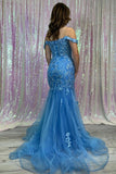 Off the Shoulder Blue Lace Appliques Mermaid Prom HZ0307