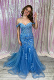 Off the Shoulder Blue Lace Appliques Mermaid Prom HZ0307