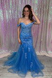 Off the Shoulder Blue Lace Appliques Mermaid Prom HZ0307