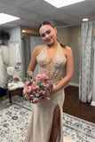 Champage Halter Applique Prom Dress with HZ0307