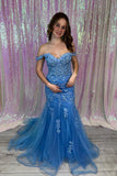 Off the Shoulder Blue Lace Appliques Mermaid Prom HZ0307