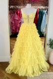 Sweetheart Yellow Lace and Tulle Tiered Formal HZ0307