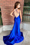 Blue Prom Dresses, Open Back Satin Evening Dress, Mermaid Prom Dresses HZ0307