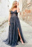 LTP0968,Elegant Deep Grey Appliqued Prom Dress with Sheer Lace HZ0307