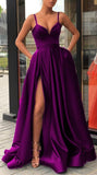 LTP0153, Discount Purple spaghetti straps V-neck long prom dress purple evening dress satin party HZ0307