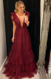 LTP1221,Vestido Burgundy Deep V-Neck Tulle A Line Prom HZ0307