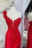 One Shoulder Red Appliques Ruched Long Formal HZ0307