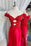 Off the Shoulder Red Appliques Satin Ruched Mermaid Formal HZ0307