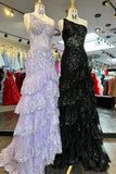 Luxury Lace One Shoulder Sequined Appliques Multi Layers Split Prom HZ0307