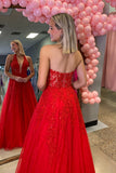 Red Plunging V-neck Beaded Lace Applique Long HZ0307
