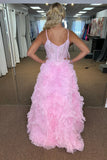 Plunging V-Neck Tulle Pink Evening Prom HZ0307