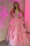 Halter Pink Appliques and Tulle Tiered Formal HZ0307