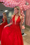 Red Plunging V-neck Beaded Lace Applique Long HZ0307
