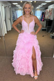 Plunging V-Neck Tulle Pink Evening Prom HZ0307