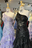 Luxury Lace One Shoulder Sequined Appliques Multi Layers Split Prom HZ0307