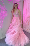 Halter Pink Appliques and Tulle Tiered Formal HZ0307