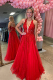 Red Plunging V-neck Beaded Lace Applique Long HZ0307