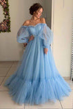 LTP1288,Light blue tulle long prom dresses,off the shoulder pink evening HZ0307