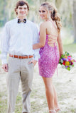 LTP1146,Neon Pink Sequin Lace-up Back Bodycon Mini HZ0307