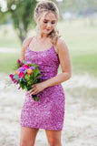 LTP1146,Neon Pink Sequin Lace-up Back Bodycon Mini HZ0307