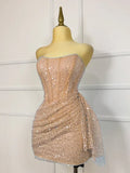 Glitter Strapless Bodycon Homecoming Dresses Pleated Cocktail Dress, HZ0307