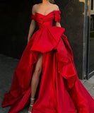 Illusion Red Satin Off The Shoulder Prom Dress With Side HZ0307