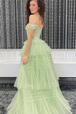 Off the Shoulder Light Blue Tulle Tiered Prom HZ0307