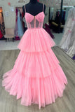 Pink Corset Tulle Ruffles A-line Formal HZ0307