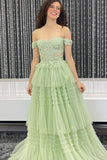 Off the Shoulder Light Blue Tulle Tiered Prom HZ0307