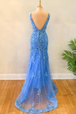 Elegant Blue Applique Floral Prom HZ0307