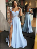 LTP1622,Sky Blue Satin Cap Sleeves Applique Split Long Evening Prom HZ0307