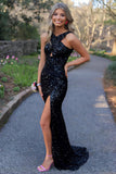 Cross Neck Sequin Black Long Prom HZ0307