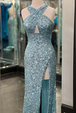 Cross Neck Sequin Black Long Prom HZ0307