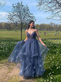 LTP1050,Gray blue v neck tulle lace long prom dress blue formal HZ0307
