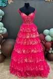 Fuchsia Sequin Tiered Ruffle A-line Long HZ0307