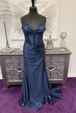 Straps Navy Blue Beaded Satin Mermaid Formal HZ0307