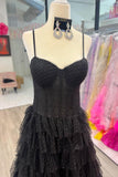 Straps Black Corset Tiered Ruffles Long Formal HZ0307
