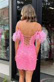 Spaghetti Straps Pink Lace Homecoming Dresses With Detachable Feather HZ0307