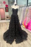 Straps Black Corset Tiered Ruffles Long Formal HZ0307
