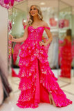 Fuchsia Sequin Tiered Ruffle A-line Long HZ0307