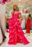 Fuchsia Sequin Tiered Ruffle A-line Long HZ0307