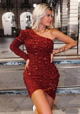 LTP1843,Burgundy Red Sequined Homecoming Dress One Shoulder Mini HZ0307
