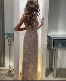 Luxury Champagne Beaded Sequins Bodycon Long Prom Dress With Pink HZ0307